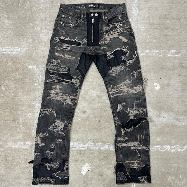 Custom Distressed Patchwork Denim Jeans with Embroidered Stitching Patches – DiZNEW