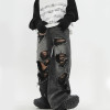 Custom Ripped Distressed Wide-Leg Denim Jeans with Embroidered Stitching Patches – DiZNEW