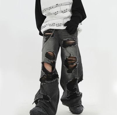 Custom Ripped Distressed Wide-Leg Denim Jeans with Embroidered Stitching Patches – DiZNEW