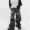 Custom Ripped Distressed Wide-Leg Denim Jeans with Embroidered Stitching Patches – DiZNEW