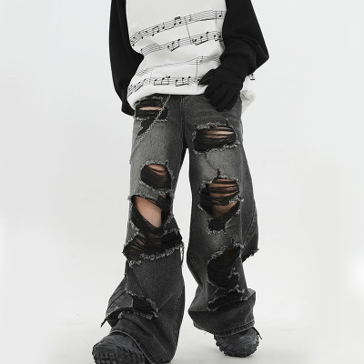 Custom Ripped Distressed Wide-Leg Denim Jeans with Embroidered Stitching Patches – DiZNEW