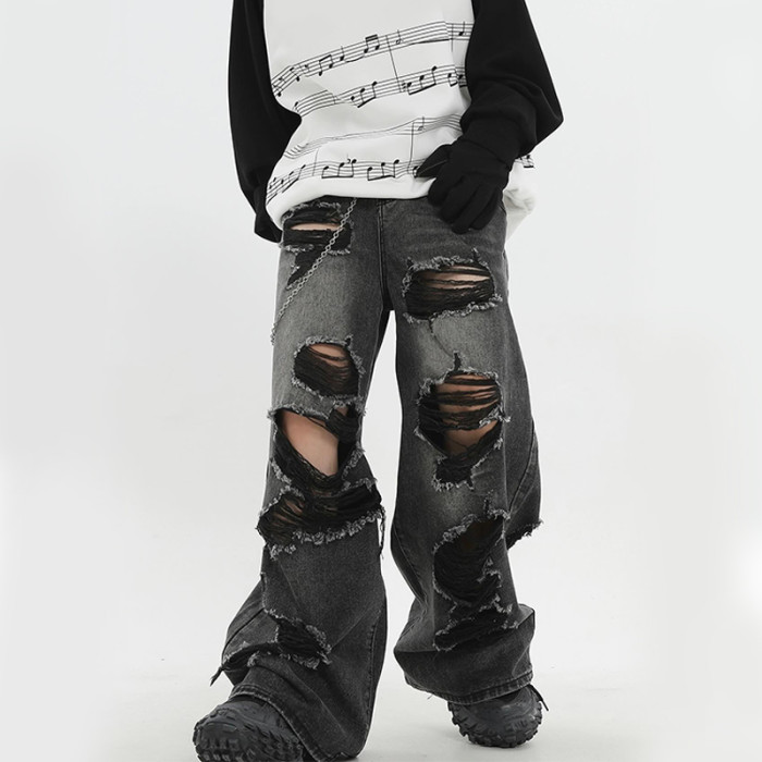 Custom Ripped Distressed Wide-Leg Denim Jeans with Embroidered Stitching Patches – DiZNEW