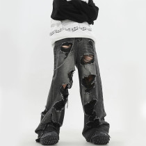 Custom Ripped Distressed Wide-Leg Denim Jeans with Embroidered Stitching Patches – DiZNEW