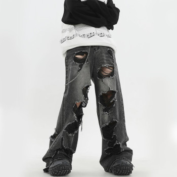 Custom Ripped Distressed Wide-Leg Denim Jeans with Embroidered Stitching Patches – DiZNEW