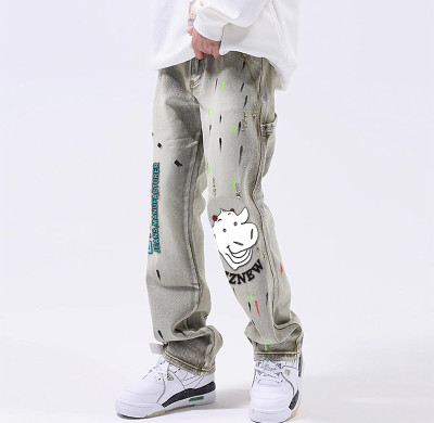 Custom Splashed Paint Washed Denim Jeans – High-Street Fashion