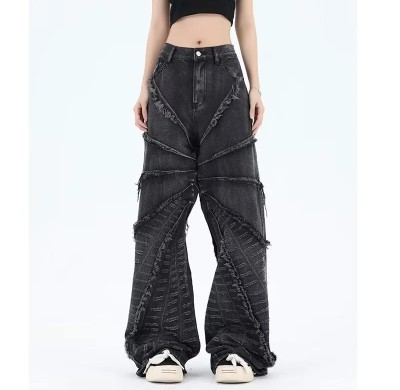 Custom Women Vintage Washed Embroidered Patchwork Wide-Leg Denim