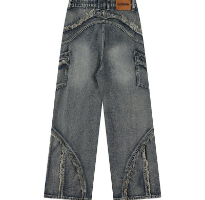 Custom Vintage Washed Distressed Fashion Patchwork Wide-Leg Denim