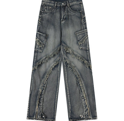 Custom Vintage Washed Distressed Fashion Patchwork Wide-Leg Denim