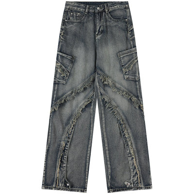 Custom Vintage Washed Distressed Fashion Patchwork Wide-Leg Denim