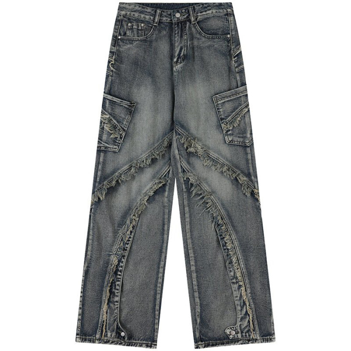Custom Vintage Washed Distressed Fashion Patchwork Wide-Leg Denim