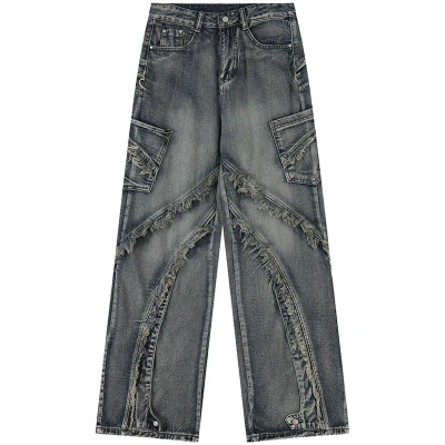 Custom Vintage Washed Distressed Fashion Patchwork Wide-Leg Denim