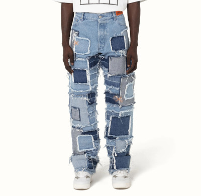 Custom Baggy Cotton Patchwork Distressed Denim Jeans Brief Description