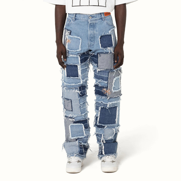 Custom Baggy Cotton Patchwork Distressed Denim Jeans Brief Description