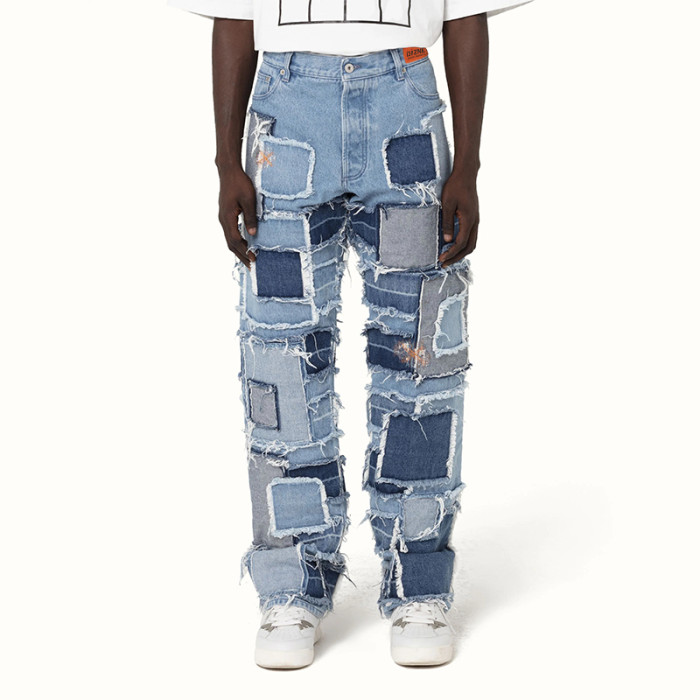 Custom Baggy Cotton Patchwork Distressed Denim Jeans Brief Description