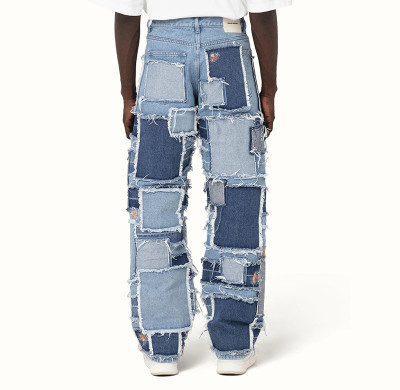 Custom Baggy Cotton Patchwork Distressed Denim Jeans Brief Description