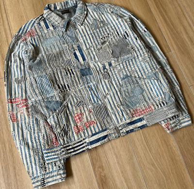 Custom Vintage Patchwork Boro Denim Jacket with Distressed Embroidered Stitching