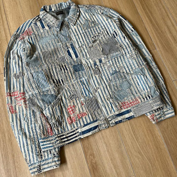 Custom Vintage Patchwork Boro Denim Jacket with Distressed Embroidered Stitching