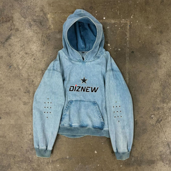 Custom Wholesale Bleach Washed Denim Jacket Hoodie with Embroidered Logo