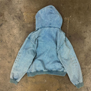 Custom Wholesale Bleach Washed Denim Jacket Hoodie with Embroidered Logo