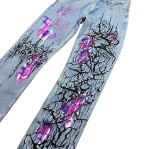 Custom Graffiti Hand-Printed Graffiti Distressed Denim Jeans