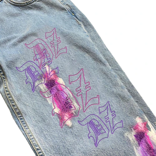 Custom Graffiti Hand-Printed Graffiti Distressed Denim Jeans