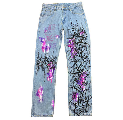 Custom Graffiti Hand-Printed Graffiti Distressed Denim Jeans