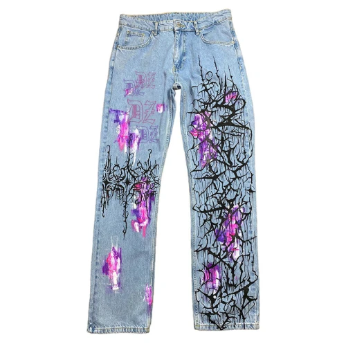 Custom Graffiti Hand-Printed Graffiti Distressed Denim Jeans