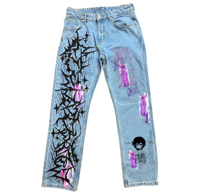 Custom Graffiti Hand-Printed Graffiti Distressed Denim Jeans