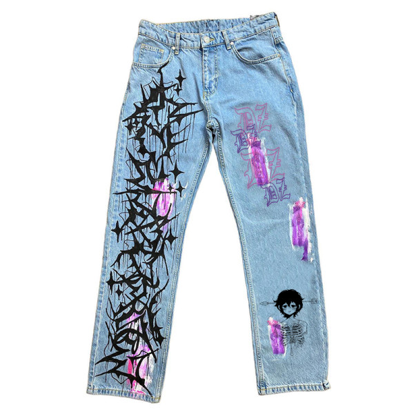 Custom Graffiti Hand-Printed Graffiti Distressed Denim Jeans