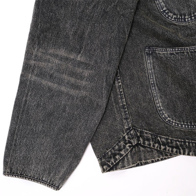 Custom Vintage Washed Denim Work Jacket with Button Closure