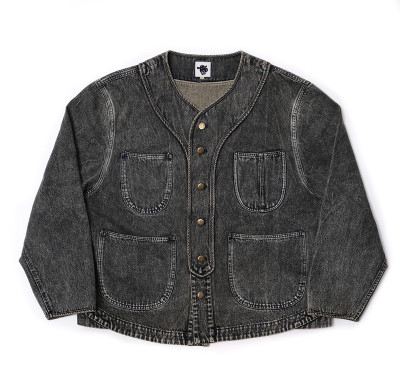 Custom Vintage Washed Denim Work Jacket with Button Closure