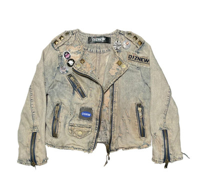 Custom Distressed Punk Denim Biker Jacket with Studs & Pins