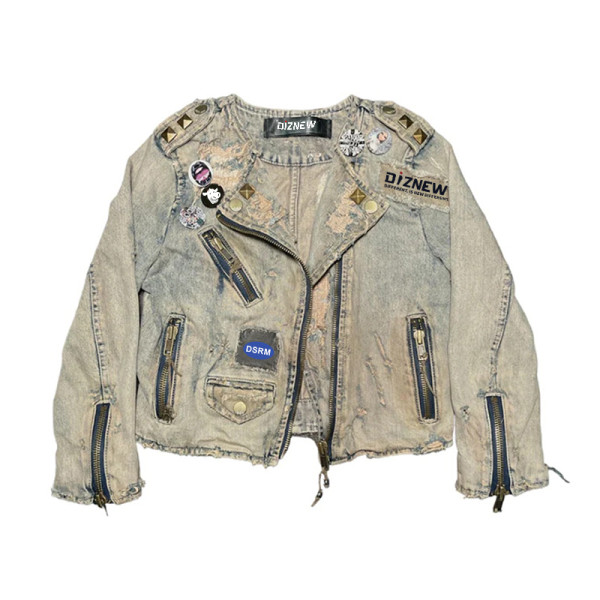 Custom Distressed Punk Denim Biker Jacket with Studs & Pins