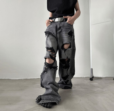 Wholesale Custom Cotton Distressed Patchwork Ripped Jeans