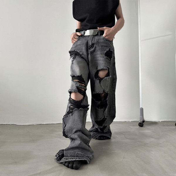 Wholesale Custom Cotton Distressed Patchwork Ripped Jeans