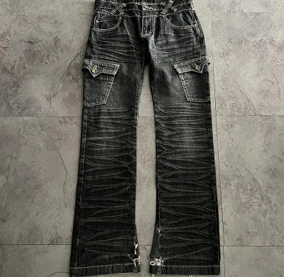 Custom Whiskered Cargo Denim Jeans – High-Fashion Utility Style