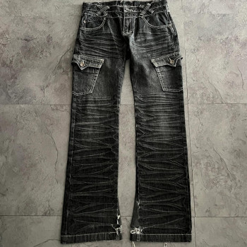 Custom Whiskered Cargo Denim Jeans – High-Fashion Utility Style