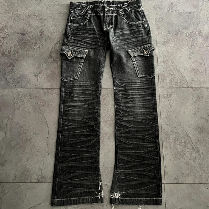 Custom Whiskered Cargo Denim Jeans – High-Fashion Utility Style