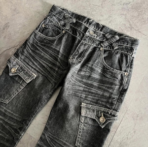 Custom Whiskered Cargo Denim Jeans – High-Fashion Utility Style