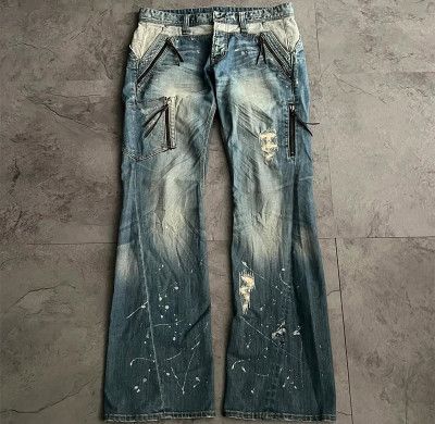 Custom Zipper Whiskered Denim Jeans – High-End Street Style