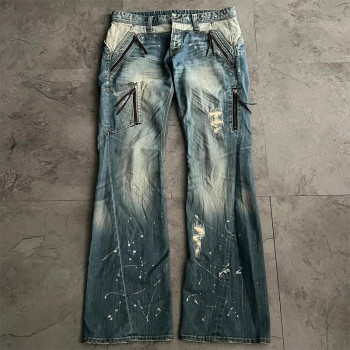 Custom Zipper Whiskered Denim Jeans – High-End Street Style