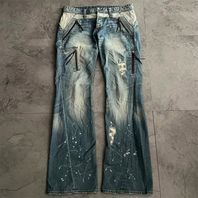 Custom Zipper Whiskered Denim Jeans – High-End Street Style