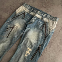 Custom Zipper Whiskered Denim Jeans – High-End Street Style
