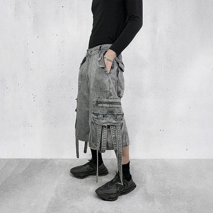 Custom Multi-Pocket Washed Denim Shorts – Utility Streetwear