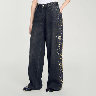 Maßgefertigte Damenjeans mit weitem Bein und Strass – Luxus-Denim-Großhandel
