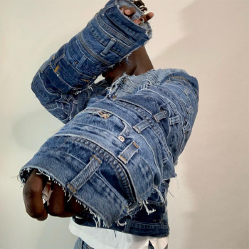 Custom Patchwork Denim Jacket with Belt Loop Details – DiZNEW