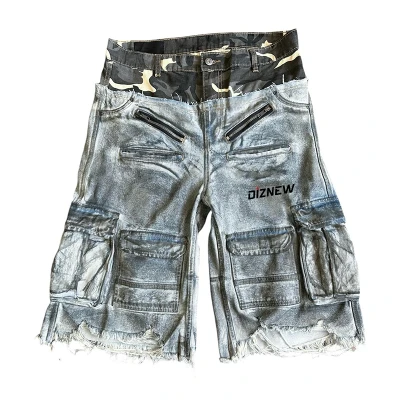 Custom Camo Waist Denim Cargo Shorts with Raw Hem