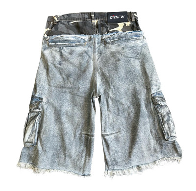Custom Camo Waist Denim Cargo Shorts with Raw Hem