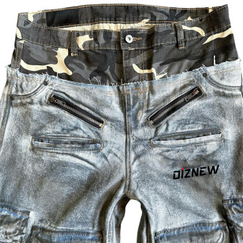 Custom Camo Waist Denim Cargo Shorts with Raw Hem