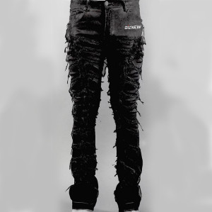Custom Heavy-Distressed Drawstring Denim Jeans with Embroidered Stitching
